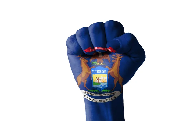 Fist painted in colors of us state of michigan flag — Stock Photo, Image