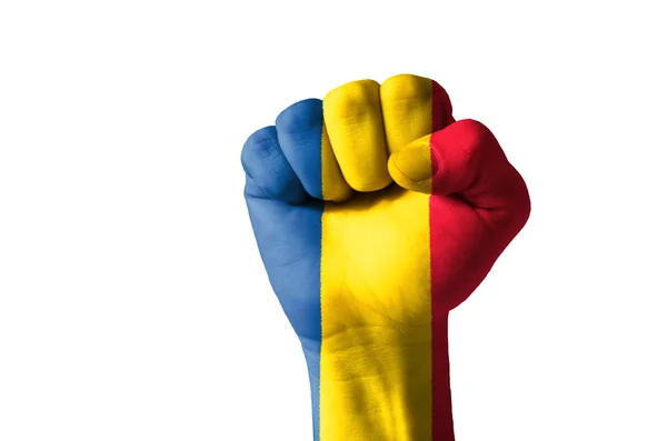 Vuist geschilderd in kleuren van de vlag van Roemenië — Stockfoto