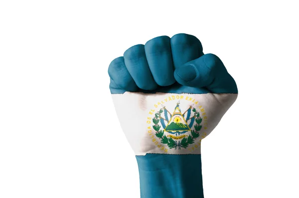 Кулак раскрашен в цвета флага Сальвадора — стоковое фото