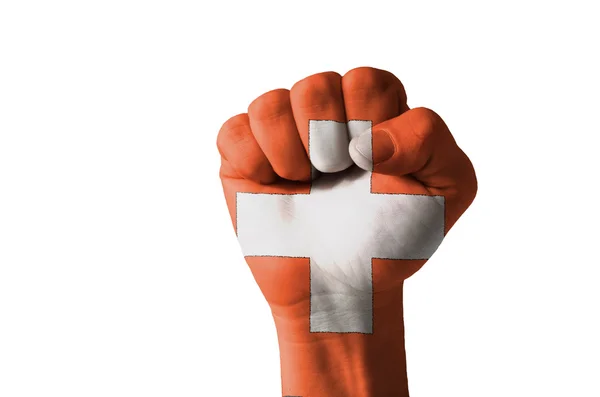 Fist painted in colors of schwitzerland flag — Stock Photo, Image