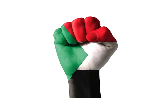 Vuist geschilderd in kleuren van de vlag van Soedan — Stockfoto
