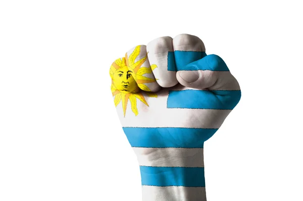 Punho pintado em cores de bandeira uruguai — Fotografia de Stock