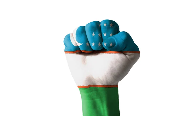 Özbekistan bayrağı renklerde boyanmış yumruk — Stok fotoğraf