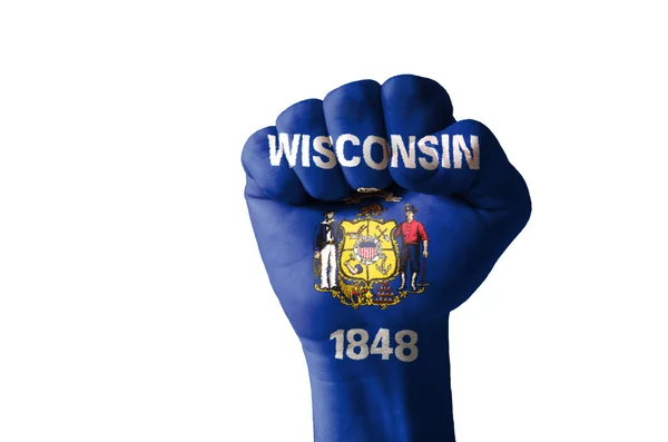 Vuist geschilderd in kleuren van ons staat wisconsin vlag — Stockfoto