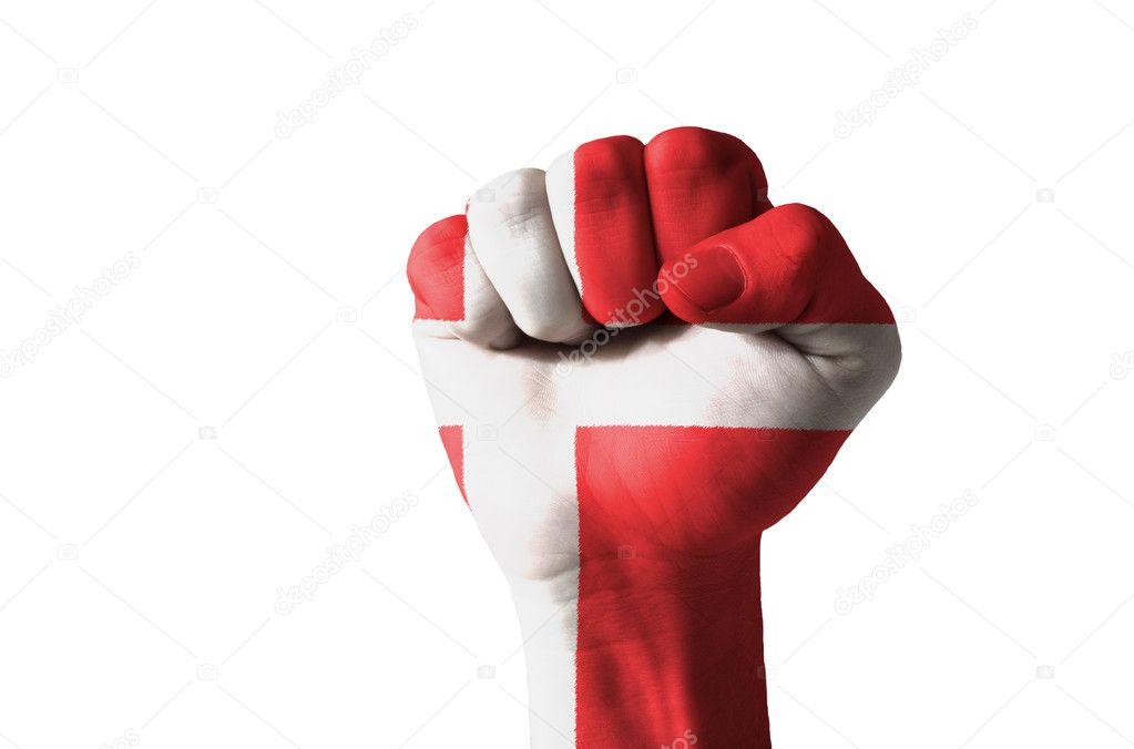 Fist painted in colors of denmark flag