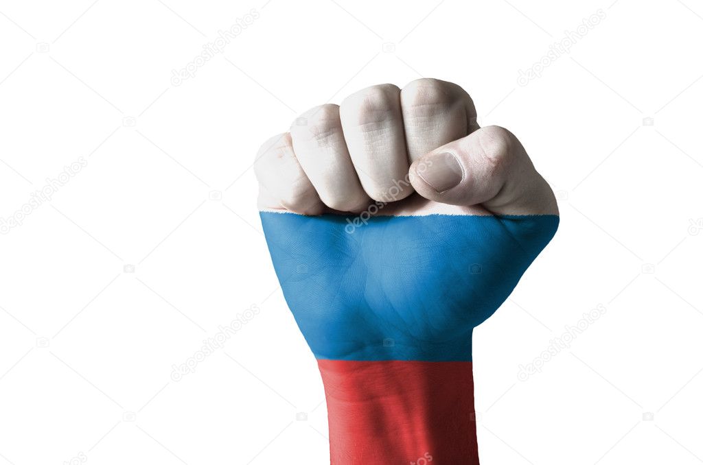 Fist painted in colors of russia flag