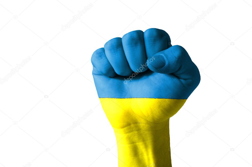 Fist painted in colors of ukraine flag