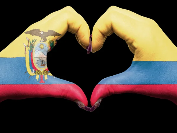 Heart and love gesture by hands colored in ecuador flag for tour — Stock Photo, Image