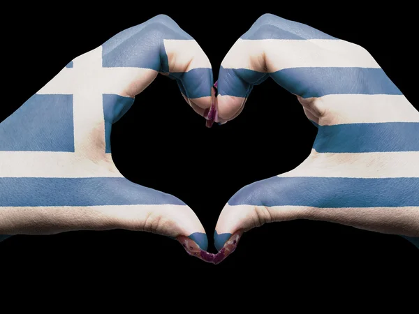 Hart en liefde gebaar door handen gekleurde in Griekenland vlag voor touri — Stockfoto