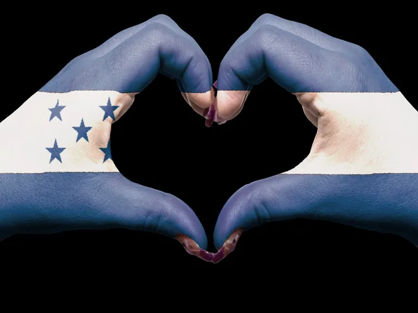 Καρδιά και αγάπη χειρονομία από χέρια χρωματισμένη με σημαία της Ονδούρας για του — Φωτογραφία Αρχείου