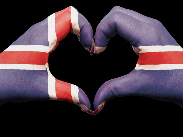Heart and love gesture by hands colored in iceland flag for tour — Stock Photo, Image