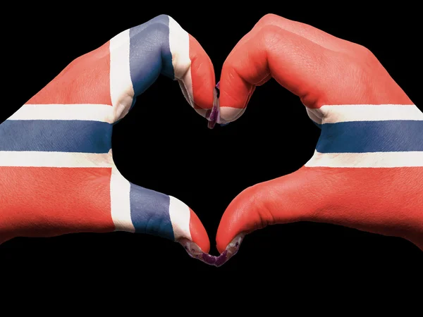 Heart and love gesture by hands colored in norway flag for touri — Stock Photo, Image
