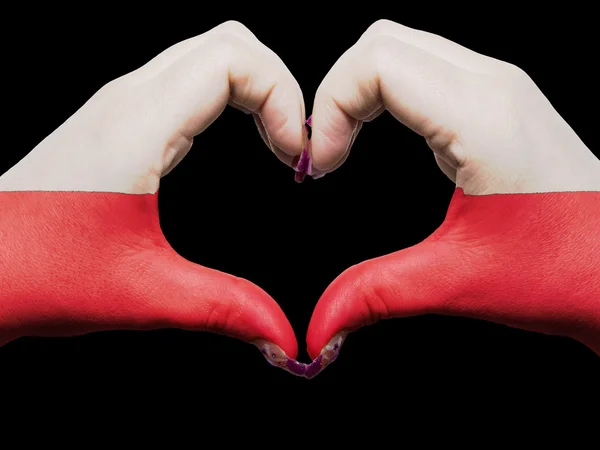 Heart and love gesture by hands colored in poland flag for touri — Stock Photo, Image