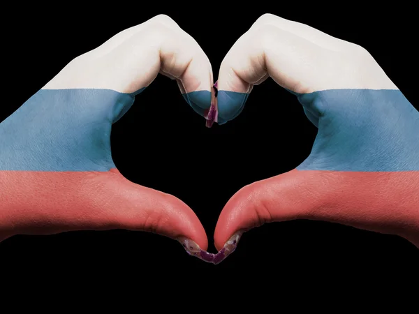 Hart en liefde gebaar door handen gekleurde in Rusland vlag voor touri — Stockfoto