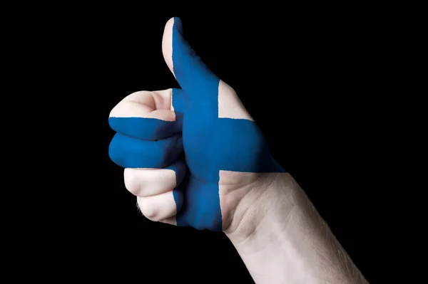 Finnlands Nationalflagge Daumen hoch Geste für Exzellenz und Leistung — Stockfoto
