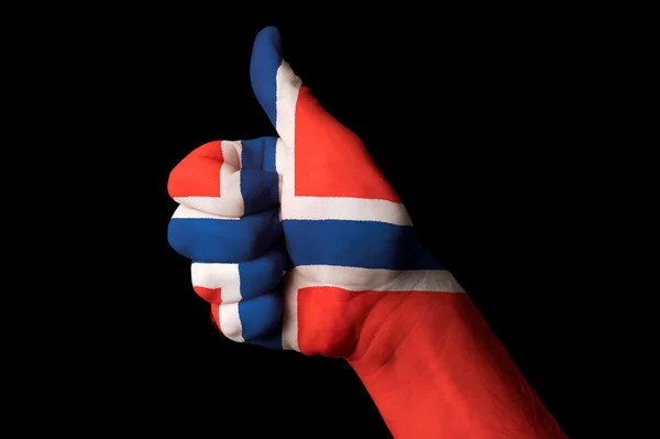 挪威国旗拇指向上卓越的姿态，并实现 — 图库照片
