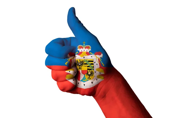 Flaga Liechtensteinu kciukiem do góry gest do doskonałości i — Zdjęcie stockowe