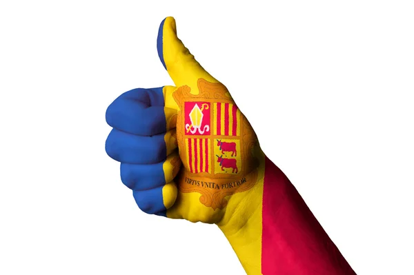 Nationale vlag van Andorra duim omhoog gebaar naar uitmuntendheid en circu — Stockfoto