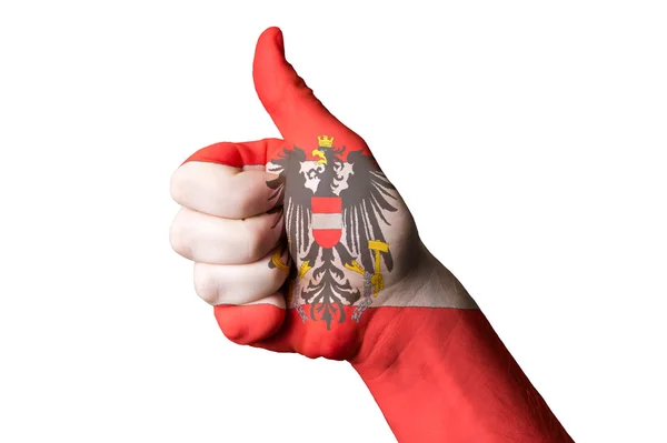 Nationale vlag van Oostenrijk duim omhoog gebaar naar uitmuntendheid en circu — Stockfoto