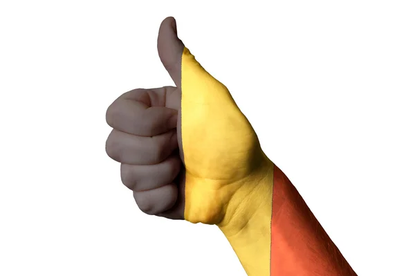 Belgien flagga tummen upp gest för excellence och UNI — Stockfoto