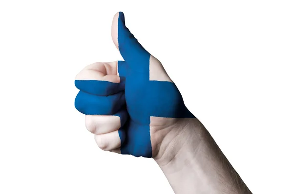 Nationale vlag van Finland duim omhoog gebaar naar uitmuntendheid en circu — Stockfoto