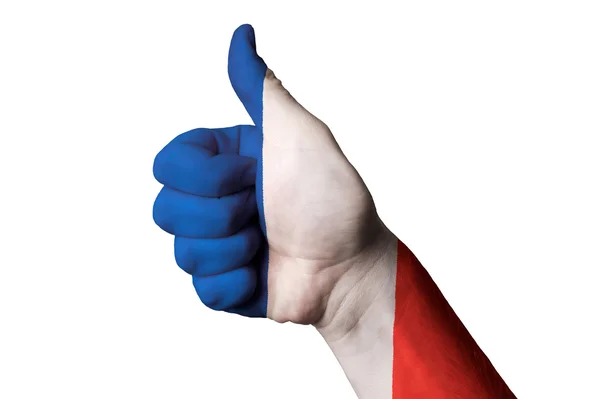 França bandeira nacional polegar gesto para cima para a excelência e alcançar — Fotografia de Stock