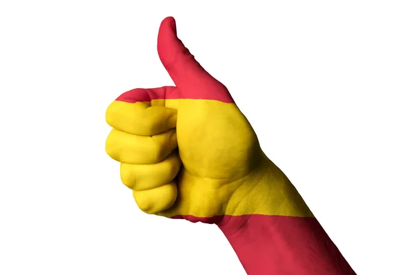 Spanien nationella flagga tummen upp gest för kvalitet och achievem — Stockfoto