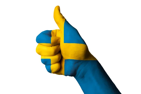 İsveç Ulusal bayrak yukarı hareketi mükemmellik için başparmak ve elde — Stok fotoğraf
