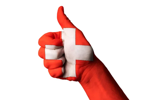 Zwitserse nationale vlag duim omhoog gebaar naar uitmuntendheid en achievem — Stockfoto