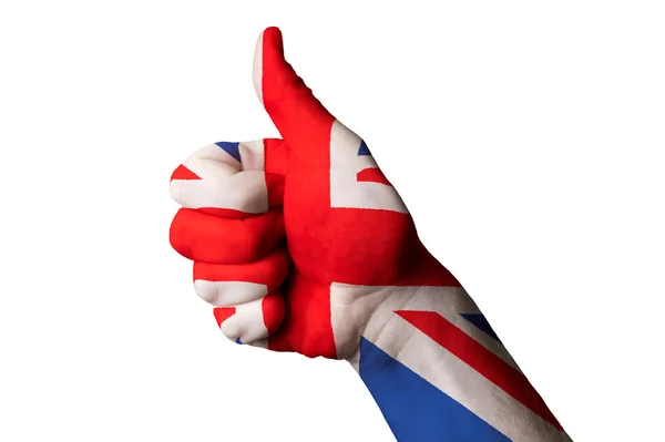 Verenigd Koninkrijk nationale vlag duim omhoog gebaar voor uitmuntendheid en — Stockfoto
