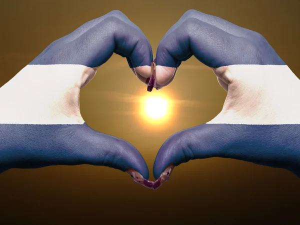 Жест любви и сердца руками, раскрашенными в флаг Никарагуа во время — стоковое фото