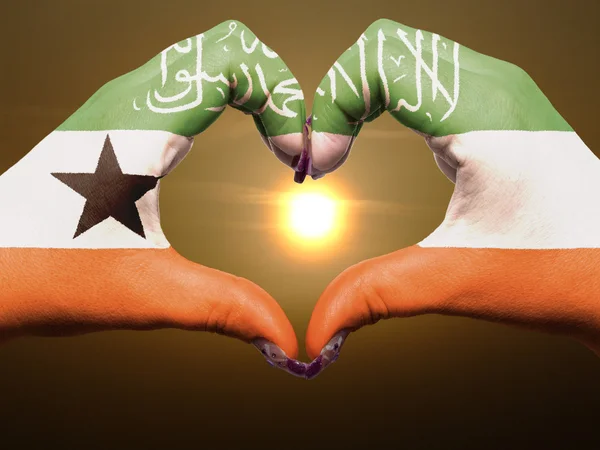 Geste de coeur et d'amour par les mains colorées dans le drapeau somaliland durin — Photo
