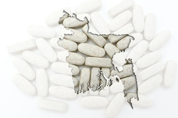 Umrisskarte von Bangladesh mit Pillen im Hintergrund zur Heilung — Stockfoto