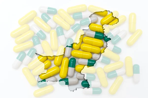 Mapa do esboço do paquistão com pílulas em segundo plano para a saúde — Fotografia de Stock