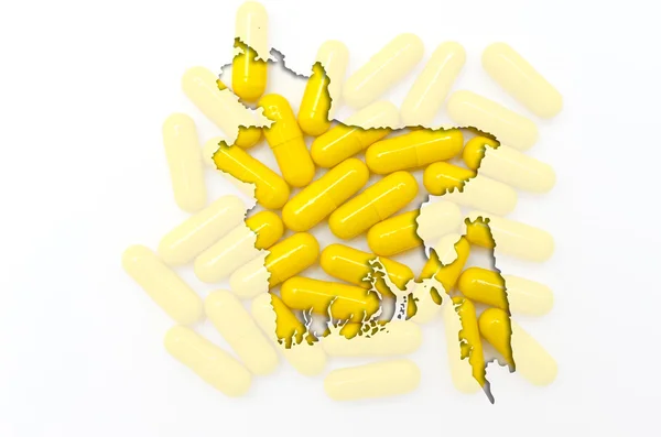 Outline map of bangladesh with pills in the background for healt — Stock Photo, Image