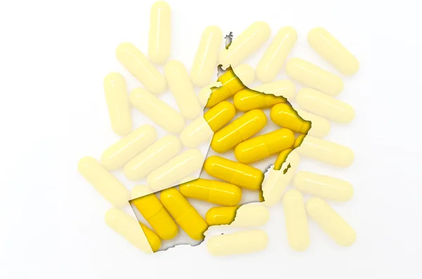 Mapa esboço de oman com pílulas em segundo plano para a saúde e — Fotografia de Stock