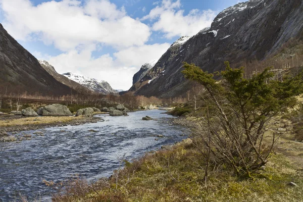 Venkovské údolí s riveron Norsko — Stock fotografie