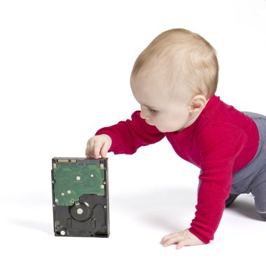 Young child in white background with hard drive clipart