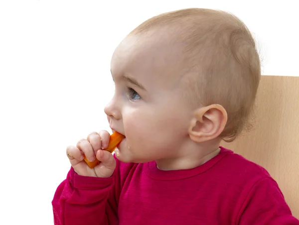 Παιδί στις διατροφικές κόκκινο πουκάμισο — Φωτογραφία Αρχείου