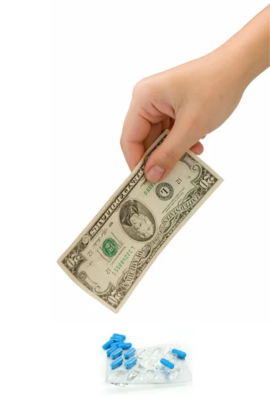 stock image Hand with twenty dollars paying for medical pills