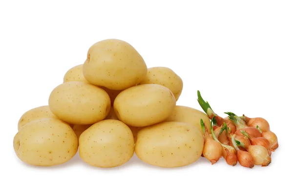 Patatas frescas y cebolla sobre un fondo blanco —  Fotos de Stock