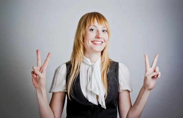 stock image Cute business woman showing the peace