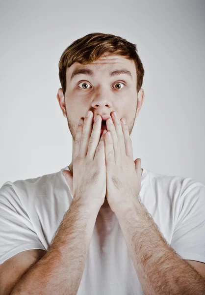 Scared adult man with hands — Stock Photo, Image