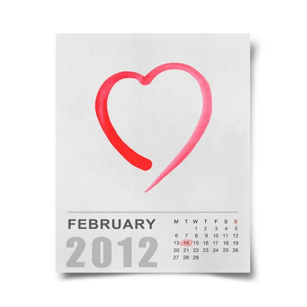 Red watercolor heart on Calendar 2012 Note paper — Stock Photo, Image
