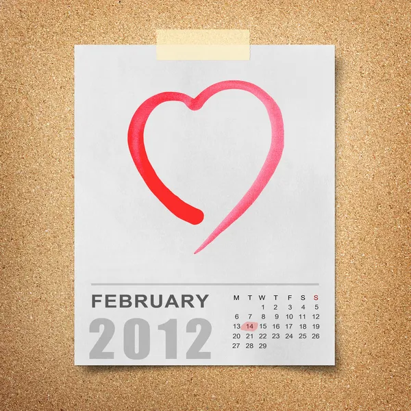 Rood aquarel hart op kalender 2012 Opmerking papier — Stockfoto