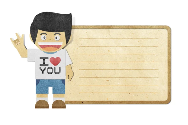 Chłopiec papieru i kocham cię alfabet na Uwaga recyklingu papercraft — Zdjęcie stockowe