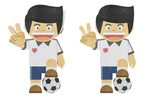 Paper boy ( football player ) recycled papercraft on white bac — Stock Photo, Image
