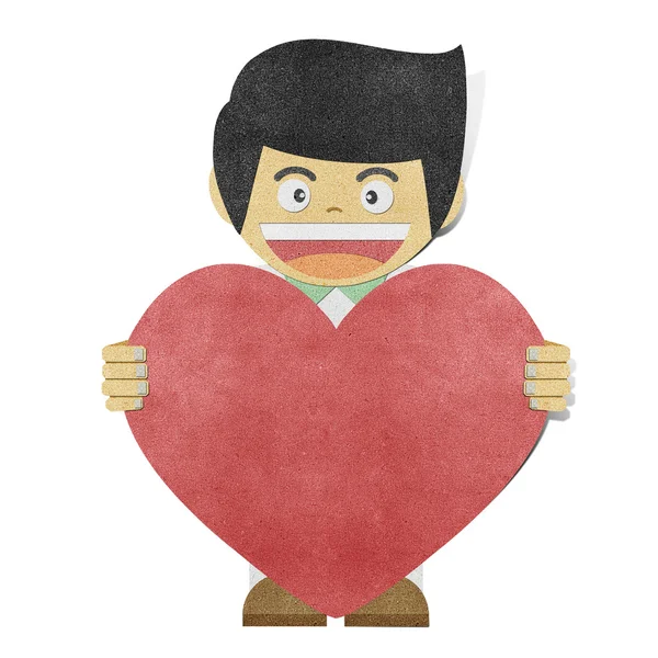 Paper boy and red heart recycled papercraft — Stock Photo, Image