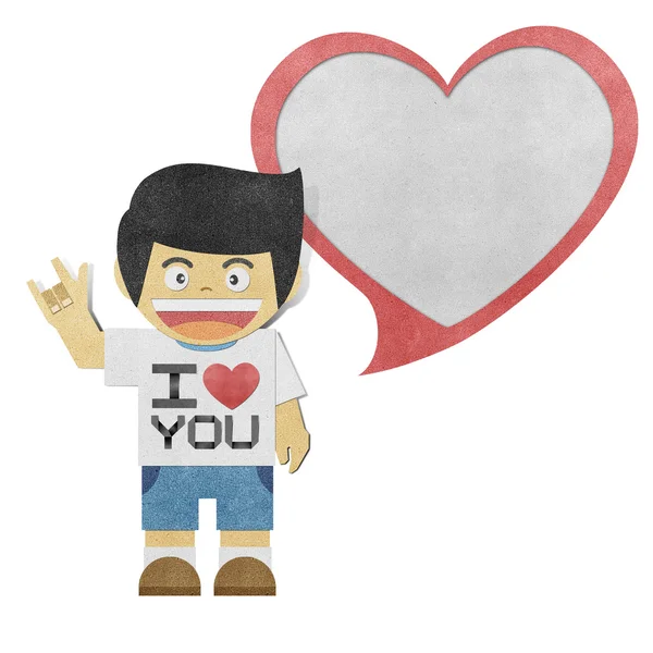 Paper boy and red heart recycled paper craft — Stock Photo, Image