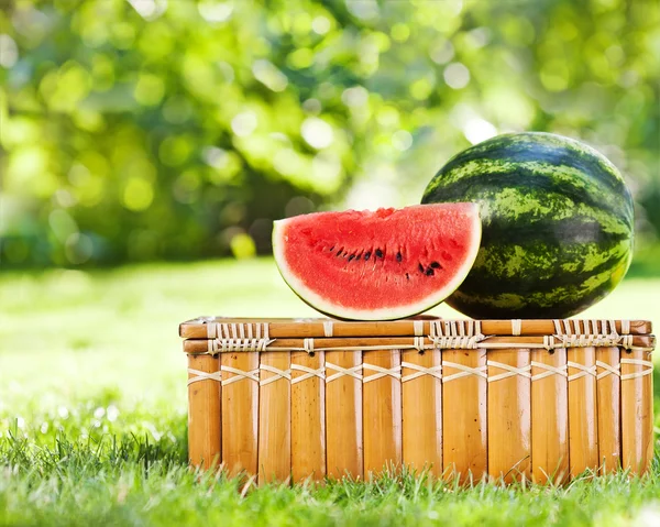 Juicy slice of watermelon on picnic hamper — Stock Photo, Image